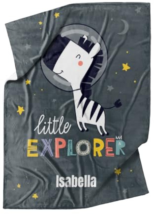 fotobar Babydecke mit Namen – Zebra Little Explorer, 75 x 100 cm | Mit dem Namen Ihres Kindes, flauschiger Fleece ca. 265 g/m², Öko-Tex Standard 100, in Deutschland bedruckt