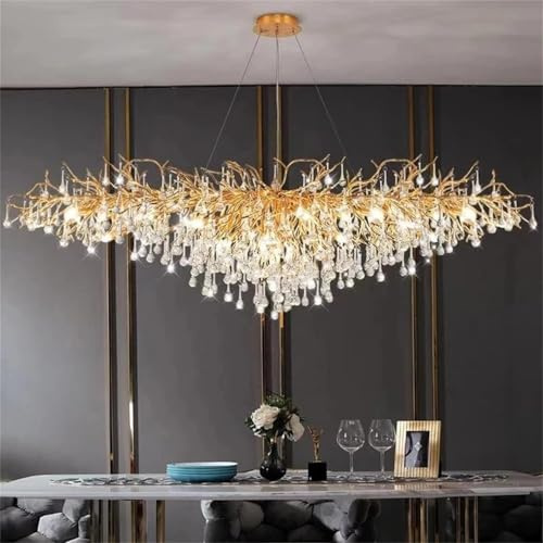 Leomix Moderne Goldene Kristall-Baumzweig-Kronleuchter – Große luxuriöse Art-Déco-Linear-Rechteckige Leuchte mit K9-Kristallen, Ronde Innenbeleuchtung für Kücheninseln, Wohnzimmer und Flure,L100cm A