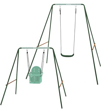 Plum 2 in 1 Growable Garden Swing Set with 2 Interchangeable Swing Seats Included for Safe Outdoor Active Play for Babies and Children, Adaptable Robust Steel Frame to Grow with Your Child (Green)