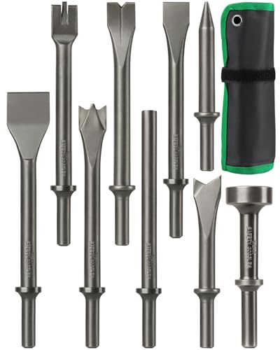 9-Piece Air Hammer Chisel Bits Set, Forged 40CrMo Alloy Steel with Heat Treatment – Fits Ingersoll Rand & Standard Air Hammers – for Auto Repair, Demolition, Metalwork & Woodworking