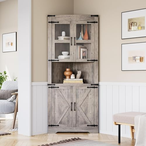 Thaookte Küchenschrank Hoch, Eckschrank, Badezimmerschrank Schmal, Eckregal Mit 4 Türen Und 5 Ablageflächen, 170cm Aufbewahrungsschrank Holz, Hochschrank Für Küche, Wohnzimmer, Esszimmer, Grau