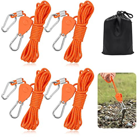 4 Piezas Cuerda de Nailon de Tienda, Paracord 4mm x 4M Cuerdas Reflectantes con Tensor Cuerdas Tipo Tienda de Campaña Cuerda de Supervivencia para Acampar al Aire Libre, Senderismo, Toldo