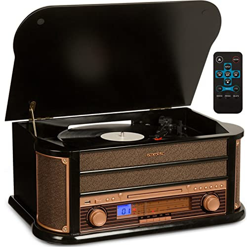 Auna Platine Vinyle et Lecteur CD/USB Avec Haut-Parleur - Tourne-Disques Audio 33 Tours, Chaîne HiFi en Bois, Vintage, 3 Vitesses