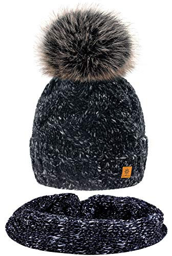 MFAZ Morefaz Ltd Set Mütze & Schal Winter Damen Alpaka Wolle Beanie Strickmütze Wurm Fleece Bommel Pom Pom (Black Set Hat&Scarf)
