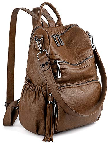 UTO Damen Rucksack PU Washed Leder Modischer Multifunktionsrucksack mit Quastendesign Lässige Schultertaschen Frauen Tasche mehres Kompartiment Schule Schulrucksack Damen-Rucksackhandtaschen
