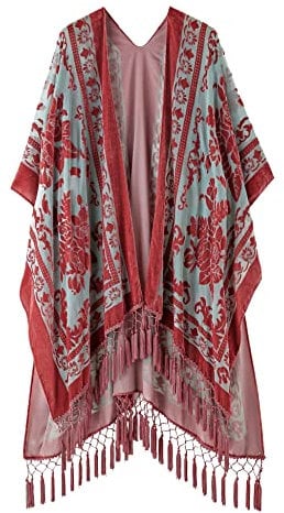 MJ SERECA Women's Burnout Velvet Kimono Long Cardigan Cover Up with Tassel Rusty
