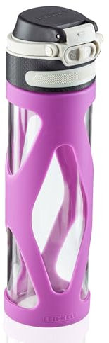 Leifheit Botella de cristal Flip de 600 ml, botella reutilizable 100% hermética, se abre con una mano, botella deportiva sin BPA, con filtro, morado