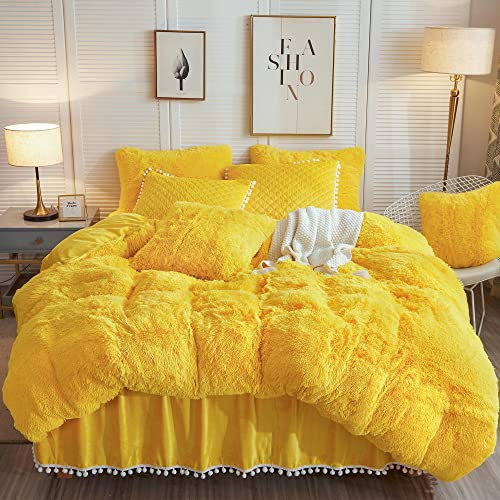 LIFEREVO Luxuriöses zotteliges Plüsch-Bettwäsche-Set, weicher Samt, flauschig, pelzig (1 flauschiger Kunstfell-Bettbezug + 2 Pompon-Kissenbezüge), solides Bettwäsche-Set, Reißverschluss