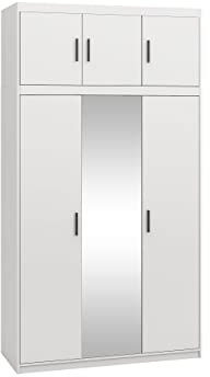 Mirjan24 Kleiderschrank Elena 3D, Drehtürenschrank, Farbauswahl, 3-türig Schrank, Weiß, Sonoma, Lefkas (Weiß mit Spiegel und Aufsatz)