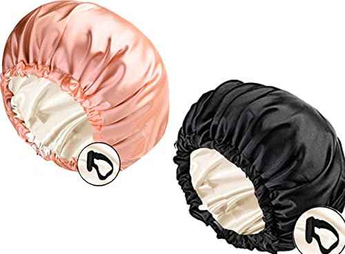 2 Stück Damen Satin Schlafmütze Seiden haube für lockiges Haar,Satin Haarhaube zum Schlafen große doppellagige verstellbare Satinhaube für Frauen Pink+Black