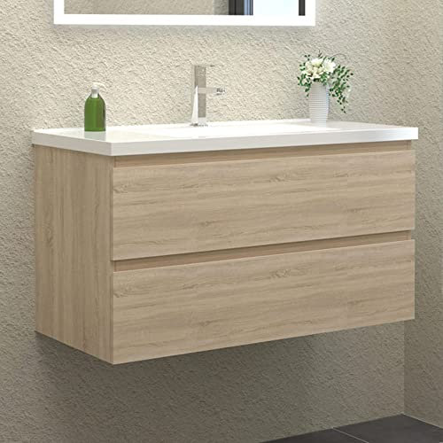 HAPAOSO Waschbecken mit unterschrank Badezimmer 100 cm Breit Badmöbel Set mit Waschbecken und 2 Soft-Close Schubladen Waschtisch Unterschrank Eiche für Badezimmer Hängend
