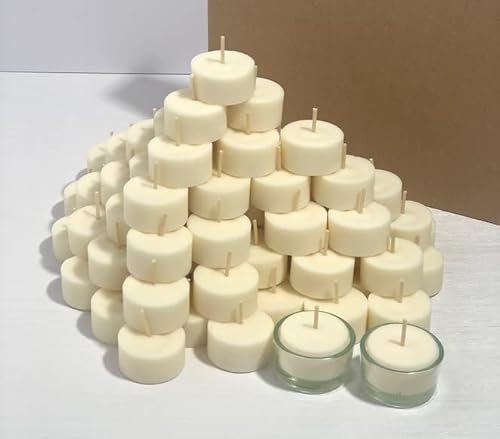Teelichter aus RAPSWACHS, Vegan Kerze (Ohne Duft) 84 Stk inkl 4 Stk Glas Teelichthalter