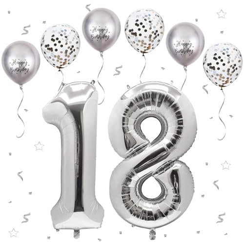 VUCDXOP Silber Luftballon 18, XXL Riesige Geburtstag Ballon 18, 40 - 101cm Ballon Zahl Deko Folienballon Zahlen 1 & 8, Geburtstagsdeko Jubiläum Party Deko, Fliegt mit Helium (Nummer 18/81)