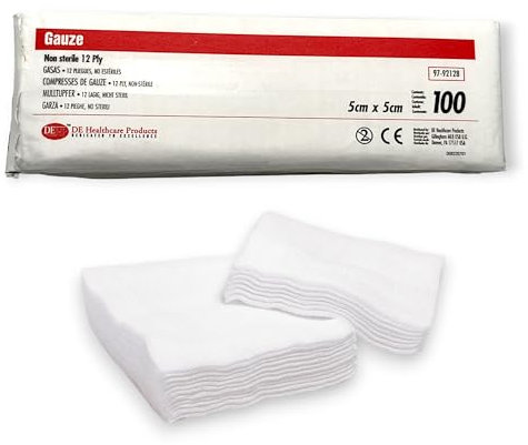DE Healthcare Products – Mullkompressen (100 St.), 5 × 5 cm, unsterile Wundauflagen aus 100% faserfreier Baumwolle, 12-fach gelegtes saugfähiges Wundmaterial