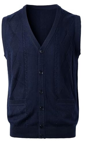 Harbrosrce Men's Cable Knit Sweater Vest Button Down Sleeveless Cardigan Waistcoat Wool Blend Gentleman Casual Knitwear Top with Pockets