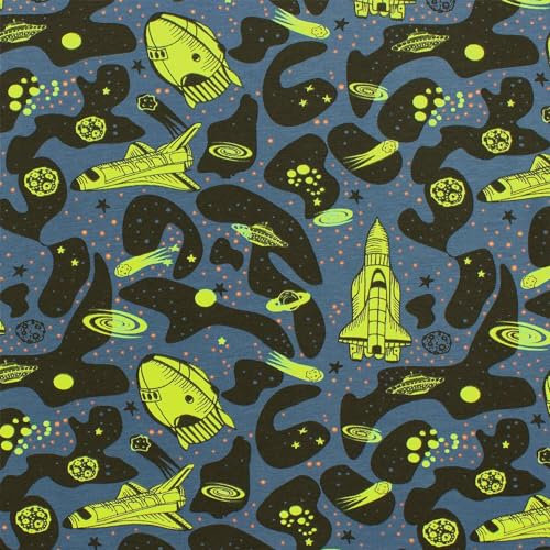 Jersey Stoff Weltraum, Raketen im Weltraum, neon gelb/blau (Länge am Stück: ab 50cm / Breite: 145cm)