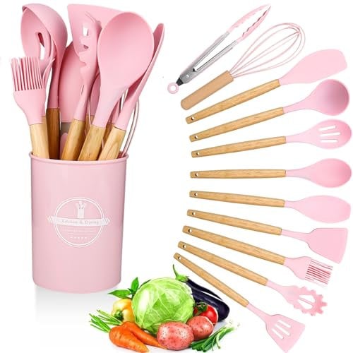 Kitchen Utensil Set 12 PCS Silicone Cooking Utensils Set with Wooden Handle Non-Stick Cooking Spoons Utensil Sets Silicone Kitchen Utensils Set Heat Resistant Kitchen Tools Heat Resistant Set (Pink)