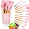 Ensemble d'ustensiles de cuisine 12 pièces en silicone avec poignée en bois antiadhésive et cuillères de cuisine en silicone résistant à la chaleur (rose)