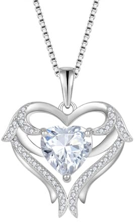 FJ Herz Engelsflügel Halskette Damen 925 Sterling Silber April Geburtsstein Kette Zirkonia Edelstein Anhänger Schmuck für Frauen Mutter Freundin Mama