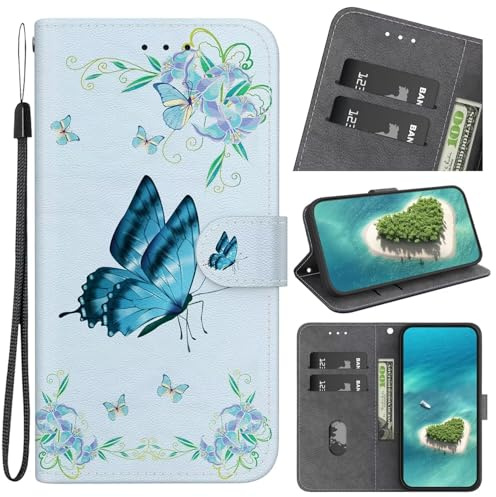 FERLAN Handyhülle Kompatibel mit Samsung Galaxy M30S/M21 Hülle,Klapphülle Case Leder Handytasche Klappbar Tasche Bunt Muster Motiv Kartenfach Handy Hülle Schutzhülle,Blaue Schmetterlingsblume