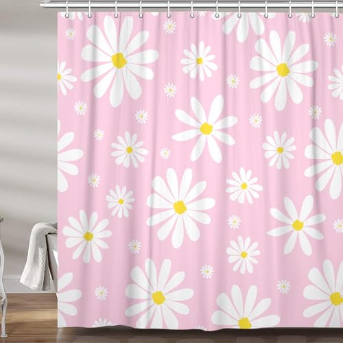Pink Daisy Floral Shower Curtain, Cute Boho White and Pink Groovy Retro Flower Fabric Shower Curtains Set for Girls Bathroom Decorative, Aesthetic Restroom Decor Accessories with Hooks 72X72 Inch