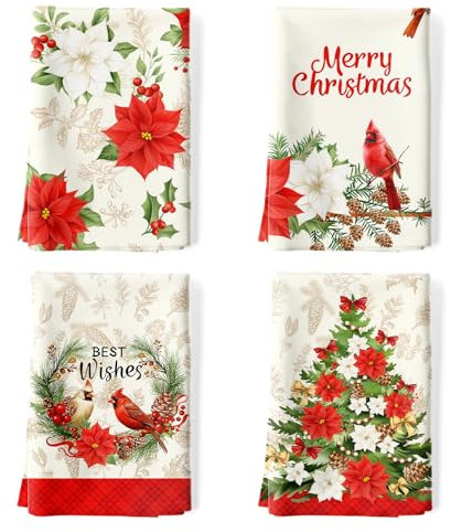 Arquiel 4er Set Geschirrtücher Winter Blumen Weihnachten Küchentücher Dekorative 100% Baumwolle Trockentücher Saugstarke Geschenk für den Urlaub Einweihungsfeier 48 cm x 70 cm