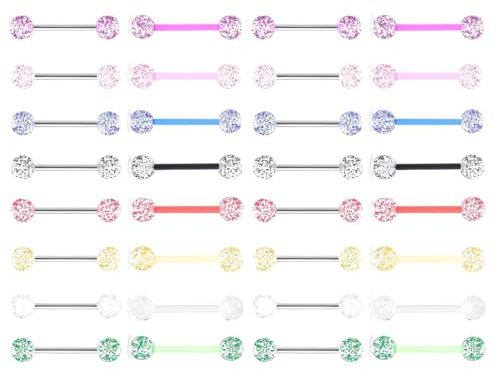 JEXOWIQ 32pcs Zungenpiercing Set,Kunststoff- und Metallstangen,14G Zungenpiercing Chirurgenstahl Piercing Stab Color Ball Acrylic Piercing Zunge Tongue Piercing Brustwarze Barbell Stablänge 16mm