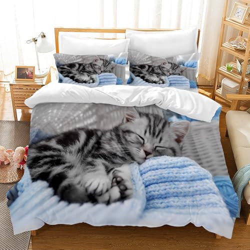 Hoimlm Kinder Bettwäsche Set - Hund bedruckter Bettbezug Kopfkissenbezug,Haustiere Betten Set Microfaser Bettbezug Set,für Jungen Mädchen Bettdeckenbezug (Kätzchen E, 220 x 240cm)