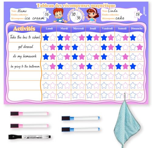 Tableau de Récompense Magnétique Enfant, Comportement et Routine Semainier Avec 5 Stylos - Pour Garçons et Filles, 34 X 24 cm, Français