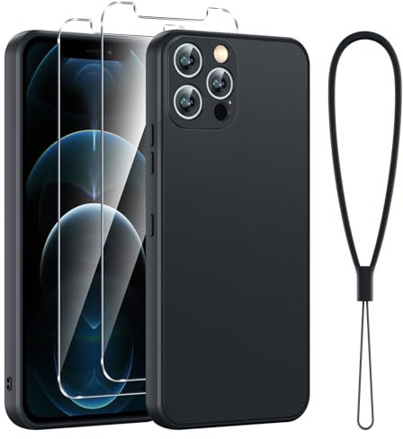 Viojrlra Coque pour iPhone 12 Pro Max 6,7 avec 2 Pièces Verre Trempé, Protection Complète TPU Silicone Housse Fine Antirayures étui pour iPhone 12 Pro Max Con Cordon Cover Antichoc, Noir