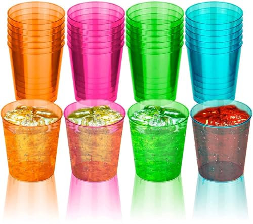 LORD C Plastic neon Shot Multi Use Glasses Reusable Rainbow for Indoor Outdoor Use BBQs, Picnics, Weddings and Camping, Beach, Essential Cup Festival Glow in Dark Neon Glasses Pack of (30)