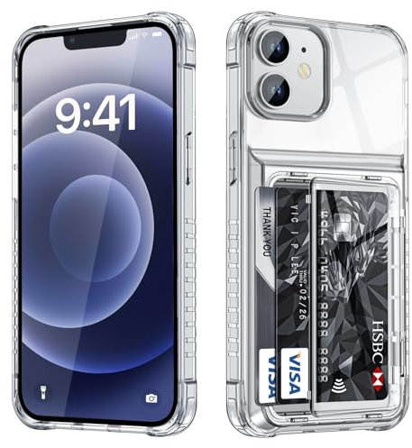 Vunake for iPhone 12 Case with Card Holder [Max 4 Cards] Anti-Yellowing Shockproof Clear Wallet Case Heavy Duty Hidden Card Slot Protective Phone Cover for iPhone 12/12 Pro Phone Case,Clear