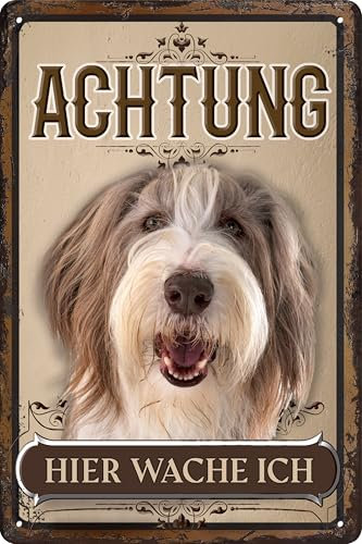 30 x 20 cm wetterfestes Blechschild, Warnhinweis, Torschild, Achtung, hier Wache ich! Warnung vor dem Hund (Bearded Collie)