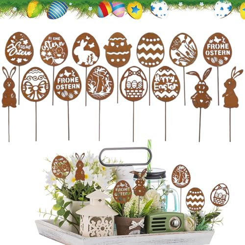 15PCS Osterhasen Gartenstecker,Frühlingsdeko Osterhase Rost Deko,Gartenstecker Ostereier,Osterhasen Metallstecker,Edelrost Metall Hasen Roststecker,Gartenstecker Mix Hasen Set für Rostdeko Gartendeko