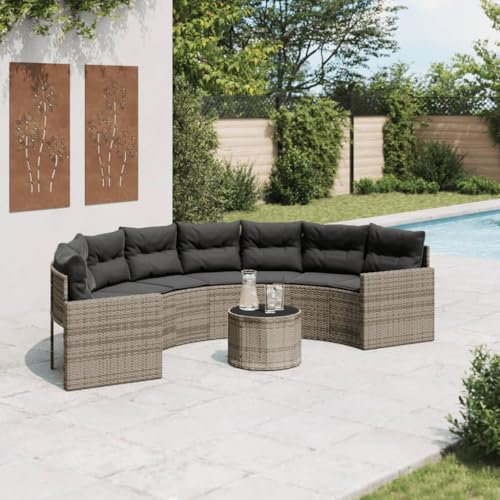 Willood Gartensofa mit Tisch und Kissen Halbrund Grau Poly Rattan Halbrund Glas Couchtisch3034095de