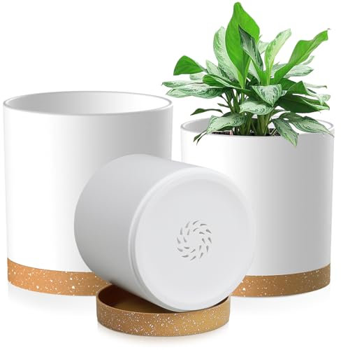 Homeuouz 3 Packs Blumentopf mit Untersetzer, 15.2cm/12.7cm/10.7cm Pflanzentopf, Plastik Übertopf, Hydrokultur Topf, Blumentöpfe Set Ideal für Innen und Balkongärten, Weißes mit braunes Tablett