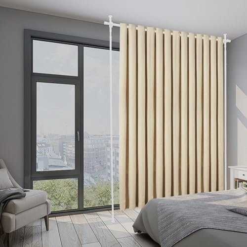 Raumteiler Paraventgestell Gardinenstangen 122-305 (H) x 70-177 (L) cm Ausziehbare Gardinenstange Freistehend Raumteiler Innen vertikaler Gardinenständer für Wohnzimmer Balkone, weiß