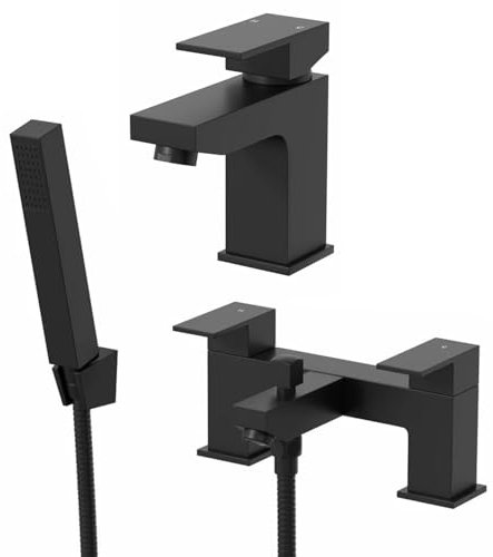 Architeckt® Ibbardo Bathroom Bath Shower Mixer Tap and Basin Tap Set Deck Mounted Square Twin Lever Handle Modern, Matt Black