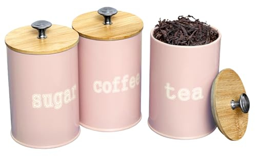 GUIJZSLTRG 3Pcs Tea Coffee Sugar Canisters 9.5×15.5cm Metal Kitchen Storage Set with Airtight Bamboo Lid Countertop Round Food Storage Containers Pots Jars Decorative Tins for Beans Flour Spice(Pink)