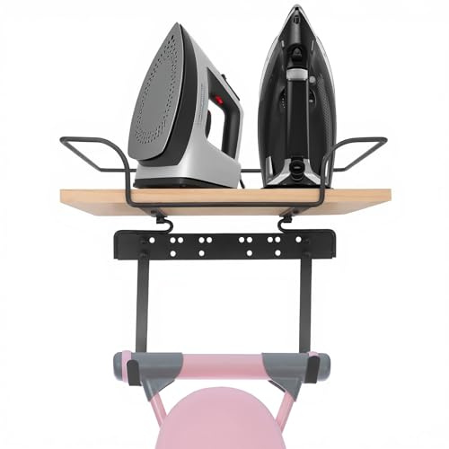 Ironing Board Hanger Wall Mount, Iron and Ironing Board Holder Storage, Wood Base and Adjustable Hooks, for Laundry Room
