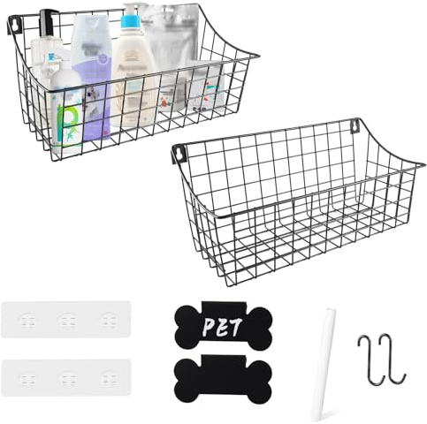 Geyecete 2 Pack Hanging Wall Basket for Pet Organizing dog toy box Large Wire Basket for dog Storage Pantry wall storage Can be Personalized metal basket