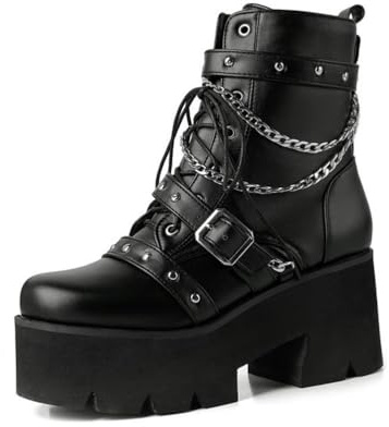 LRMYMHY Stivaletti da Donna in Vernice Goth con Piattaforma Chunky Block Heel Lace Up Combat Punk Stivaletti Corti,Nero,45 EU