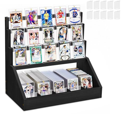 Emfogoo 4 Stöckiger Sammelkarten Display, Holz Sammelkarten Box für Bewertete Sportkarten Baseballkarten, Tischplatten Trading Card Display Ständer für Sportkartensammlungen und Ausstellungen(Schwarz)