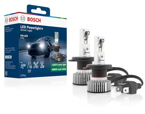 Bosch H4-Powerlight+ - Nachrüst-LED-Lampen - 12 V 19 W, 5800 K, cool-weißes Licht, Plug-and-Play-Upgrade, bis zu 2000 Std. Lebensdauer, 2 Stück
