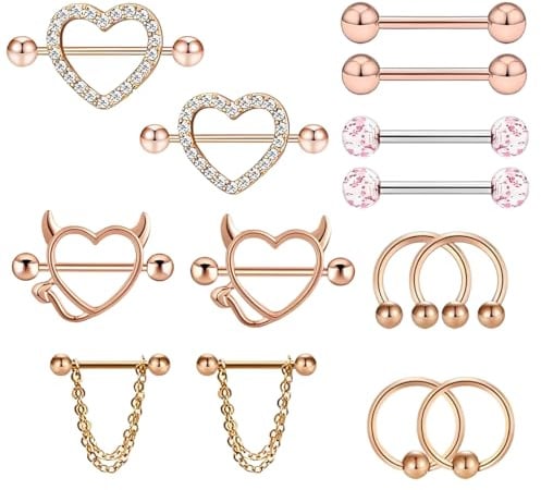 KSJEHW 14 Stücks 14G Nippelpiercing Chirurgenstahl für Damen Brustwarzenpiercing Zungenpiercing Edelstahl Nippel Piercing Schmetterling Herz Barbell Piercing Körperschmuck für Frauen Mädchen Roségold