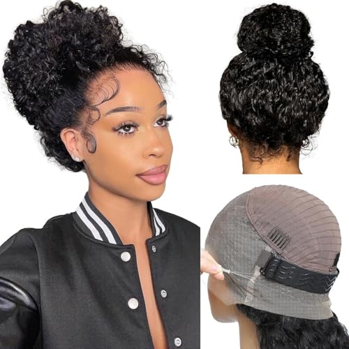 Hidden Strap 360 Glueless Lace Front Wigs Human Hair Pre Plucked Pre Cut 200 Density Deep Wave 360 HD Full Lace Human Hair Wigs With Invisible Drawstring for Black Women 16 Zoll