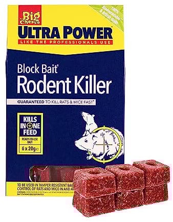 The Big Cheese Ultra Power Block Bait Rodent Killer - 20 g x 6, Rat and Mice Brodifacoum Poison Blocks, Fast Acting, Biodegradable, British Grain, Indoor Outdoor All Weather, Red