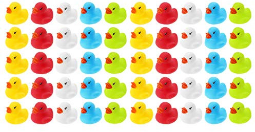 50 WELLGRO Badeenten - bunt (gelb, rot, weiß, blau, grün), je Ente ca. 3,5 x 3 cm (ØxH), Gummiente, im Netz