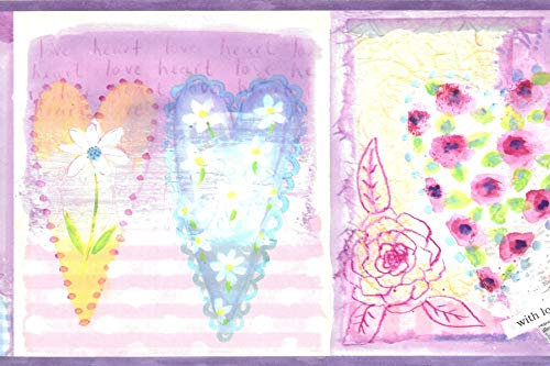 Dundee Deco BD6281 Prepasted Wallpaper Border - Kids Purple, Pink, Blue Hearts, Love Wall Border Retro Design, 15 ft x 7 in (4.57m x 17.78cm)
