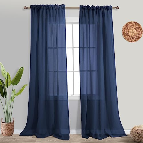 Marineblaue Vorhänge 274 cm lang für Wohnzimmer großes Fenster 2 Paneele Set Stangentasche Luxus Leinenoptik Lichtfilterung halbtransparent extra Indigo Terrasse Schlafzimmer Flur Salon 2,4 m Länge